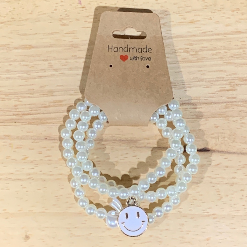 Handmade Faux Pearl Bracelet Set Womens 3pc Smiley Face Bow Coquette Kawaii OS